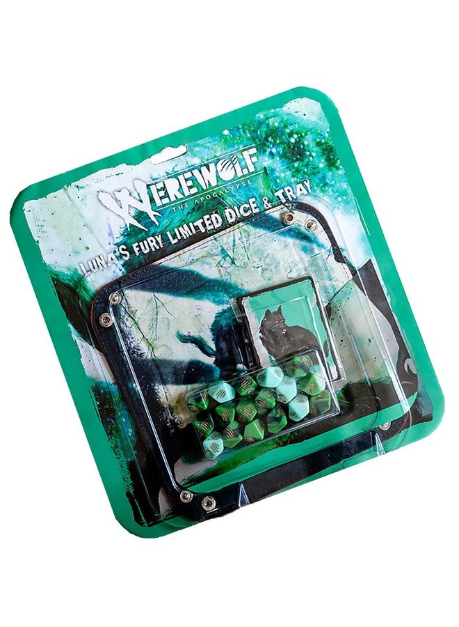 Renegade Game Studios Werewolf: The Apocalypse 5th Edition Roleplaying Game Luna’s Fury Limited Dice & Tray Accessory Pack - 17 Green RPG Dice Set, 5 Cards & Folding Tray  - Image 1
