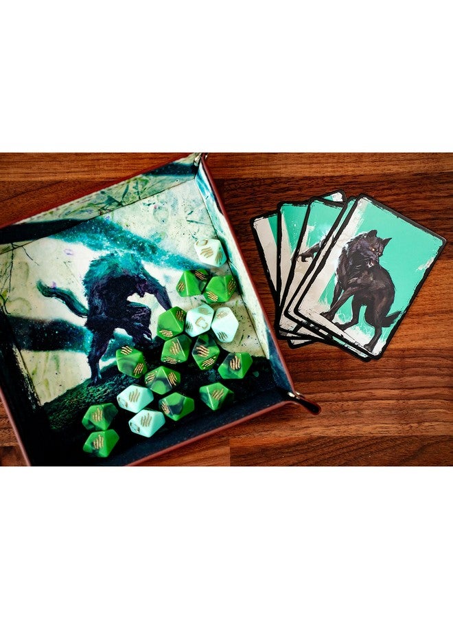 Renegade Game Studios Werewolf: The Apocalypse 5th Edition Roleplaying Game Luna’s Fury Limited Dice & Tray Accessory Pack - 17 Green RPG Dice Set, 5 Cards & Folding Tray  - Image 2