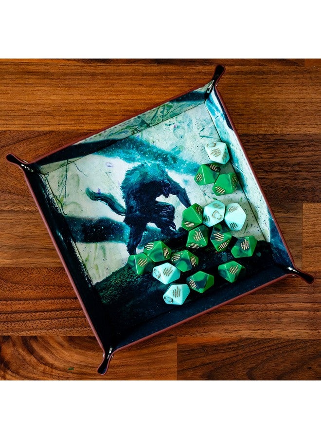 Renegade Game Studios Werewolf: The Apocalypse 5th Edition Roleplaying Game Luna’s Fury Limited Dice & Tray Accessory Pack - 17 Green RPG Dice Set, 5 Cards & Folding Tray  - Image 3