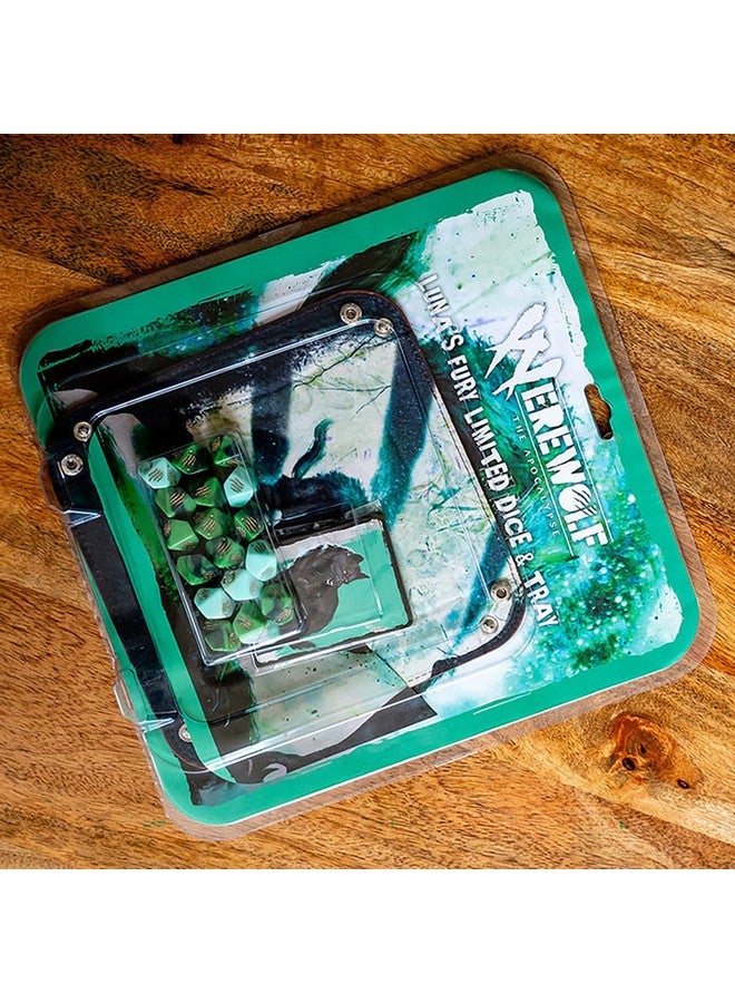 Renegade Game Studios Werewolf: The Apocalypse 5th Edition Roleplaying Game Luna’s Fury Limited Dice & Tray Accessory Pack - 17 Green RPG Dice Set, 5 Cards & Folding Tray  - Image 4