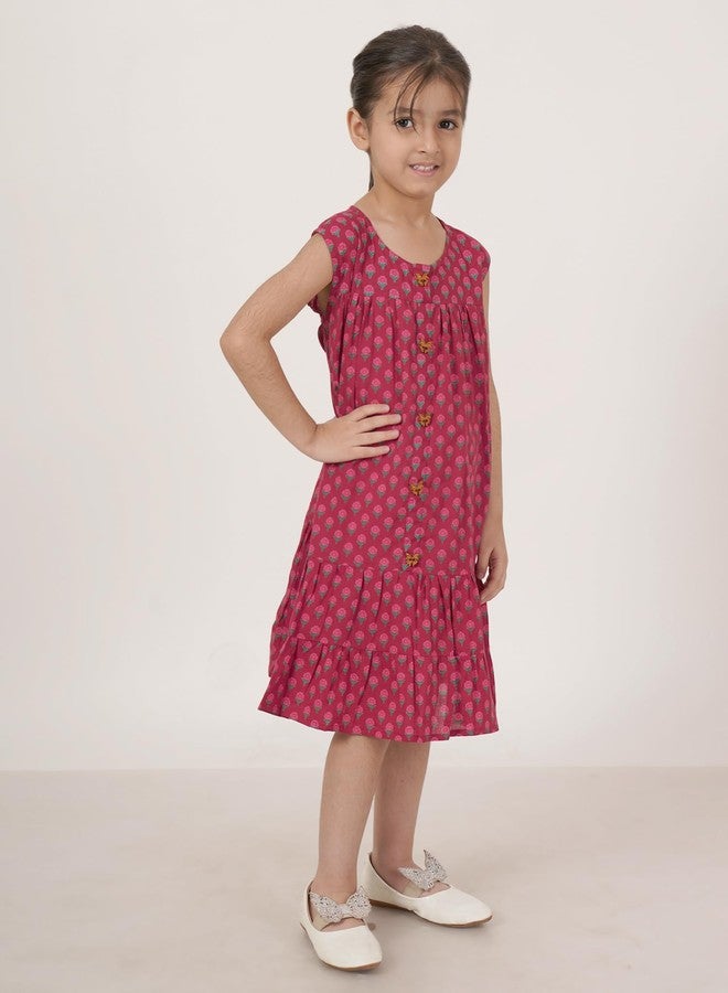 FABRIC FITOOR Kids Cotton Pink Colour Floral Print Tiered Knee Length Tunic/Frock for Girls (Pink-11/12 Y) - Image 2