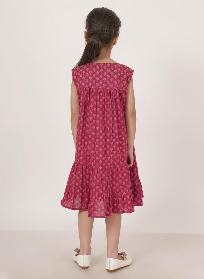 FABRIC FITOOR Kids Cotton Pink Colour Floral Print Tiered Knee Length Tunic/Frock for Girls (Pink-11/12 Y) - Image 3