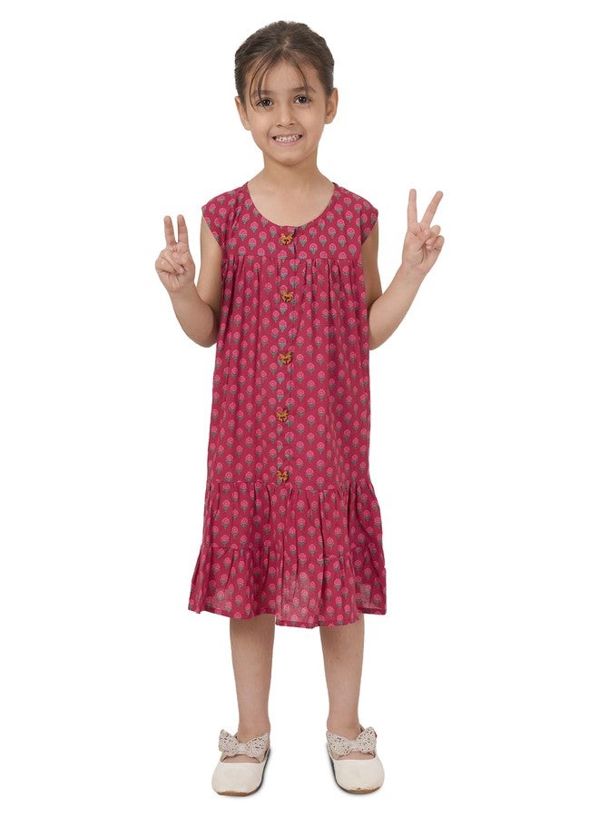 FABRIC FITOOR Kids Cotton Pink Colour Floral Print Tiered Knee Length Tunic/Frock for Girls (Pink-11/12 Y) - Image 1
