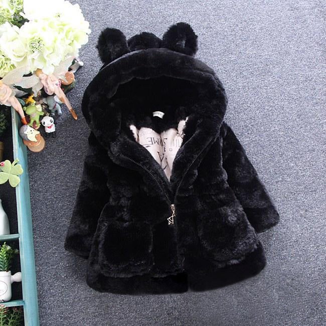 Thickened Winter Cotton Coat for Girls Ear Hoodie Black 