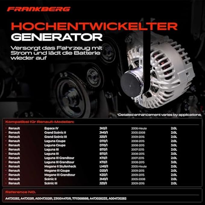 Frankberg Alternator Generator 210A Compatible with Espace IV JK0/1 2.0L 2006-2021 Laguna III BT0/1 2.0L 3.0L 2007-2015 Scnic III JZ0/1 2.0L 2009-2021 Replace# 231004 470R - Image 3