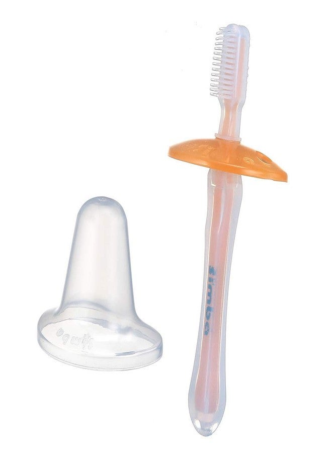 Simba Soft Bristle Silicone Baby Toothbrush with Milk Residue/Fur Scrubber (Orange) - Image 1