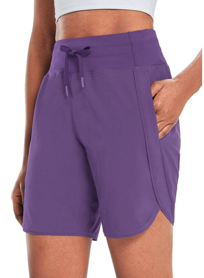 BALEAF Women's 7" Athletic Long Running Shorts Workout Gym Quick Dry Hiking Shorts High Waisted Zipper Pocket Purple M - Image 1