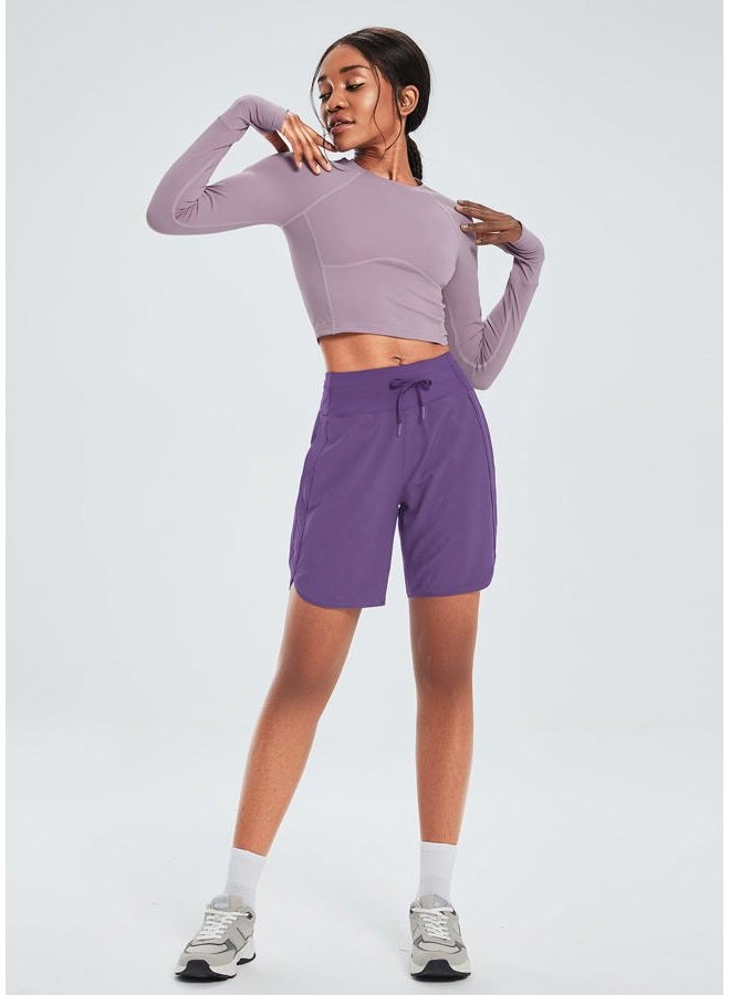 BALEAF Women's 7" Athletic Long Running Shorts Workout Gym Quick Dry Hiking Shorts High Waisted Zipper Pocket Purple M - Image 5