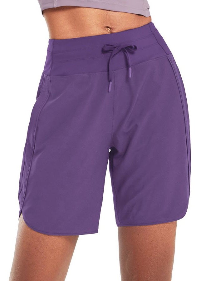 BALEAF Women's 7" Athletic Long Running Shorts Workout Gym Quick Dry Hiking Shorts High Waisted Zipper Pocket Purple M - Image 2