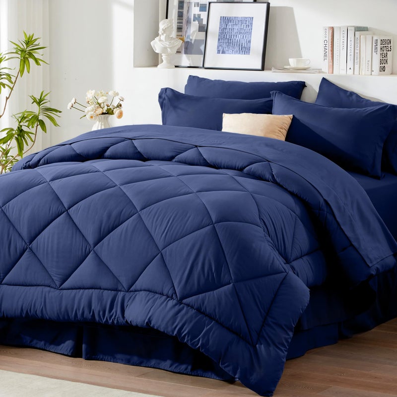 Newspin Queen Bed in a Bag 8 Pieces Comforter Set Blue All Season Bed Set Queen Bedding Sets with Comforter Sheets Pillow Shams Pillowcases and Bed Skirt
