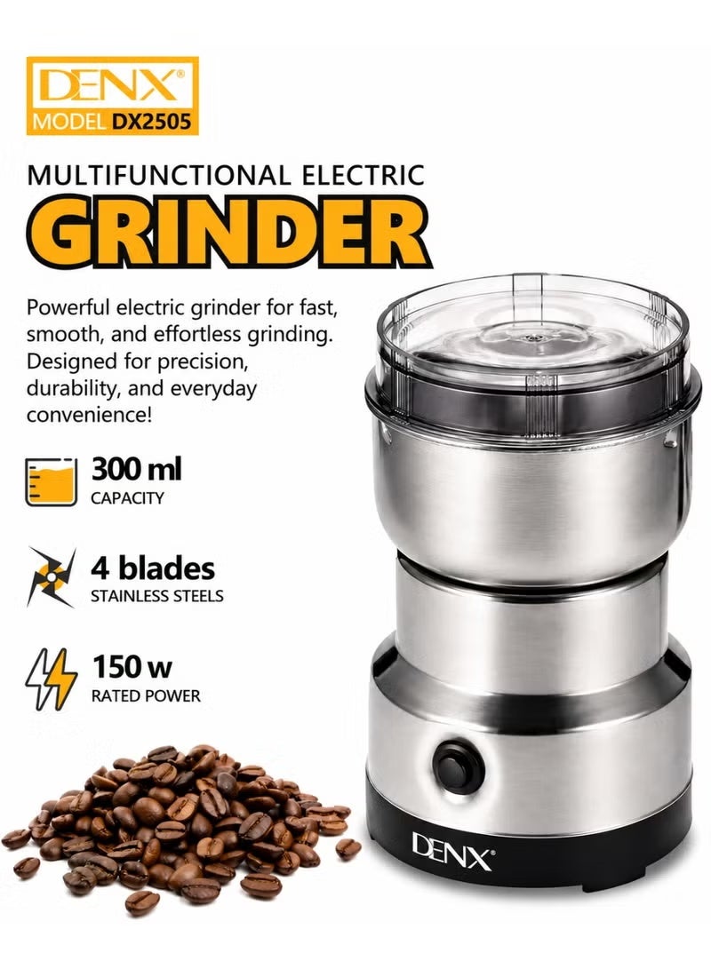 Denx DX2505 Multifunctional Electric Grinder 150W, 300ml Stainless Steel Coffee & Spice Grinder with 4 Blades, One-Touch Operation, Dry Food Grinder for Coffee Beans, Spices, Nuts & Herbs - Image 1
