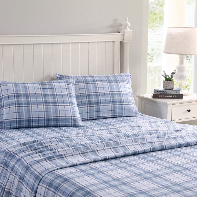 HOME TWIN SHEETS COTTON FLANNEL BEDDING SET BRUSHED FOR EXTRA SOFTNESS COMFORT MUHOLLAND PLAID BLUE TWIN