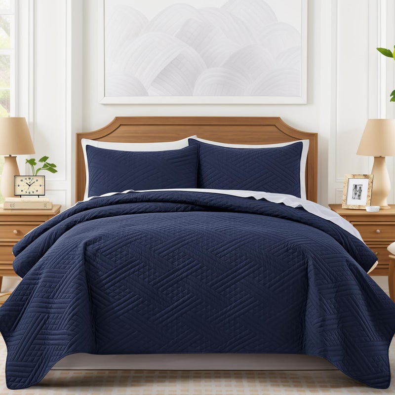 Lavsiry Cal/California King Size Navy Quilt Set  Summer Lightweight Oversized Thin Comforter Bedding Set  Soft Microfiber Bedspread & Coverlet - 3 Piece(1 Quilt  2 Pillow Shams) - Image 2