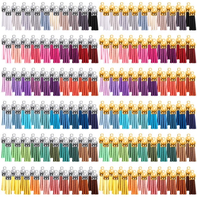 240 PIECES KEYCHAIN TASSELS BULK LEATHER TASSEL PENDANTS COLORFUL TASSEL FOR KEYCHAIN CRAFT AND DIY PROJECTS 60 COLORS GOLD AND SILVER CAP