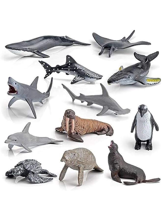 Sea Animal Toy Set Mini Plastic Sea Creature Figurines Ocean Sea Animals Figures Realistic Sea Marine Animal Playset Cake Topper Decor Gifts with White Shark Sea Lion Dolphin Whale for Kids - Image 1