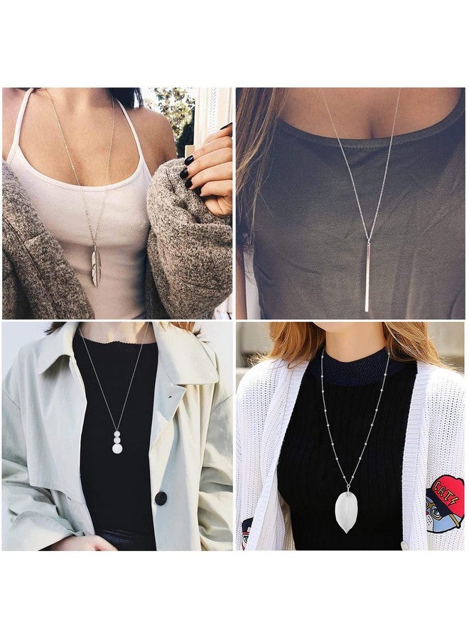 YQZIYOU 4 Pcs Long Necklaces For Women Fashion Pendant Necklace Jewelry Silver Bar Feather Circle Leaf Lock Tassel Y Necklace Jewelry Set For Girls - Image 2