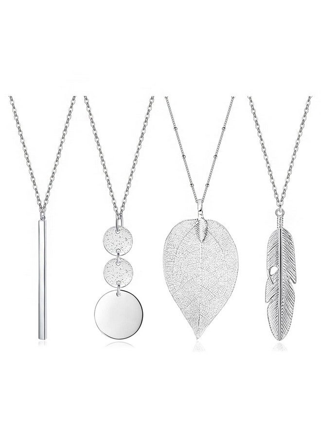 YQZIYOU 4 Pcs Long Necklaces For Women Fashion Pendant Necklace Jewelry Silver Bar Feather Circle Leaf Lock Tassel Y Necklace Jewelry Set For Girls - Image 1