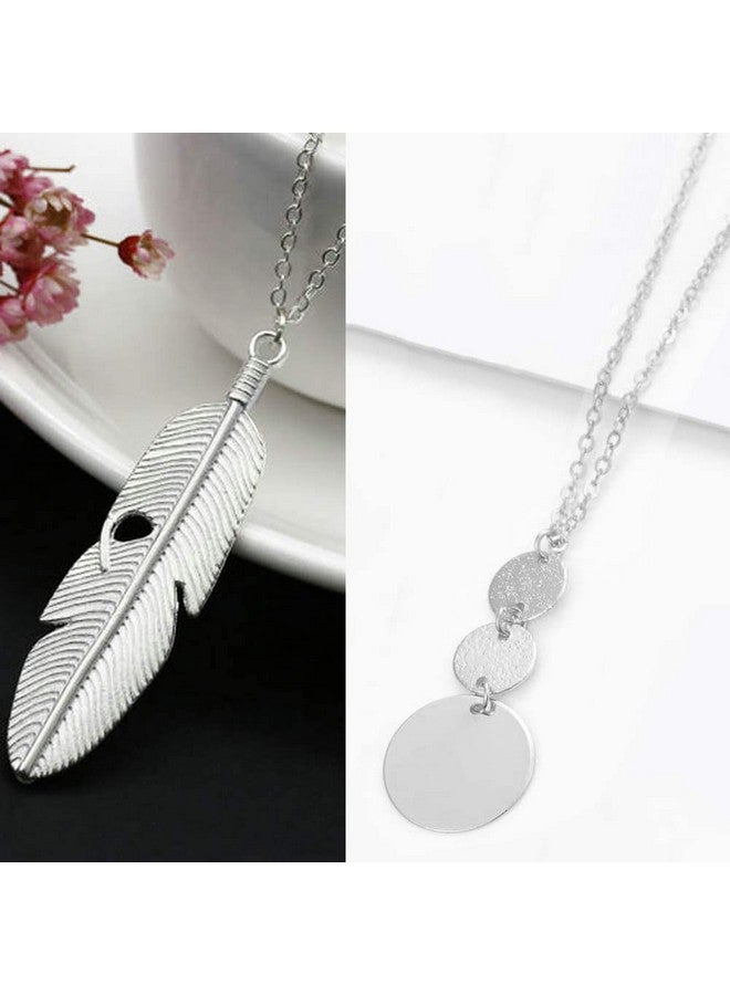 YQZIYOU 4 Pcs Long Necklaces For Women Fashion Pendant Necklace Jewelry Silver Bar Feather Circle Leaf Lock Tassel Y Necklace Jewelry Set For Girls - Image 3