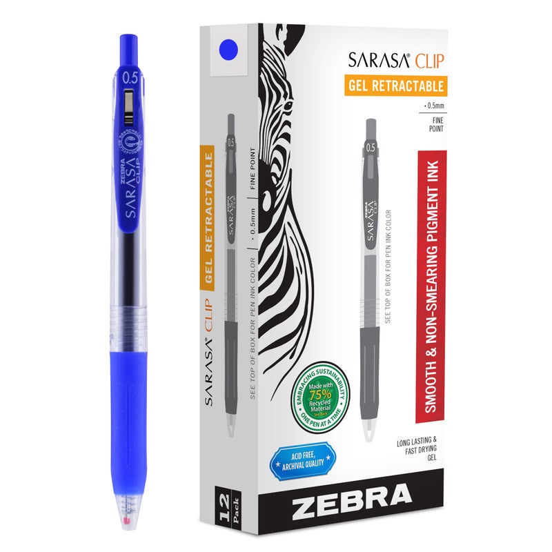 Zebra Pen Sarasa Clip Recycled Retractable Gel Pen 05mm Fine Point Blue Ink WaterBased Ideal for Office and School Journal Note Taking and Planner Use 75 Recycled12Pack 47320AMZ - Image 2