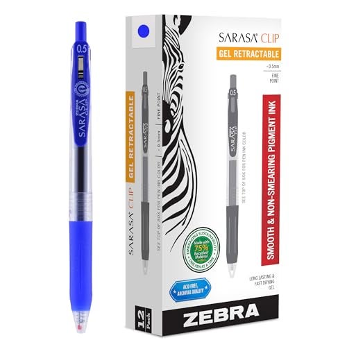 Zebra Pen Sarasa Clip Recycled Retractable Gel Pen 05mm Fine Point Blue Ink WaterBased Ideal for Office and School Journal Note Taking and Planner Use 75 Recycled12Pack 47320AMZ - Image 1