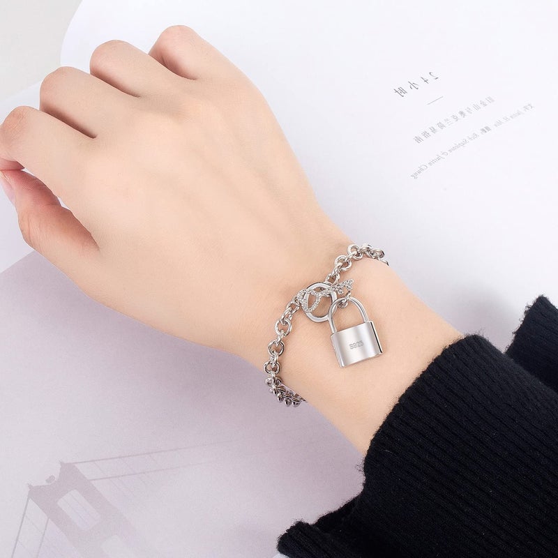 Dankadi Charm Women 925 Sterling Silver Key Lock Pendant Bracelet Fashion Solid Silver Rolo Chain Bangle Fine Jewelry Gift For Wife & Girlfriend (Square lock style, 7 inche) - Image 2