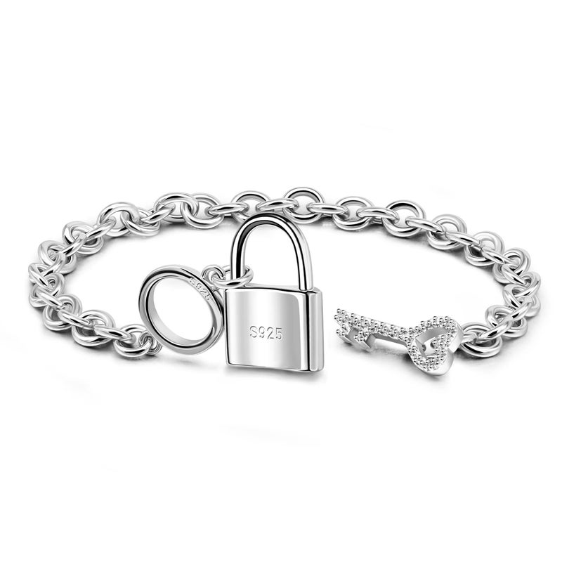 Dankadi Charm Women 925 Sterling Silver Key Lock Pendant Bracelet Fashion Solid Silver Rolo Chain Bangle Fine Jewelry Gift For Wife & Girlfriend (Square lock style, 7 inche) - Image 1