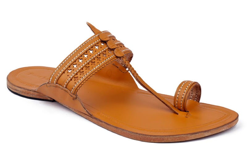 KORAKARI Mens Star Punching Kolhapuri Chappal Handcrafted Slipper Smooth and Comfortable Flip Flops Sandal Yellow Anti Slip Design Genuine Leather Traditional Footwear (UK-07) - Image 1