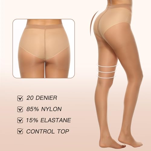 MANZI 6 Pairs 20D Women's Sheer Tights Ultra Thin High Waist Pantyhose Thigh Stockings, Natural L - Image 4