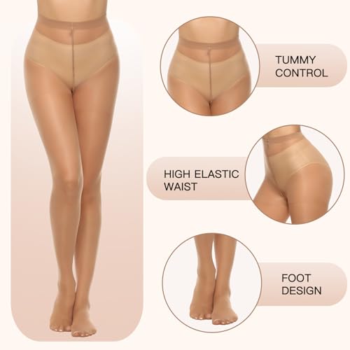 MANZI 6 Pairs 20D Women's Sheer Tights Ultra Thin High Waist Pantyhose Thigh Stockings, Natural L - Image 3