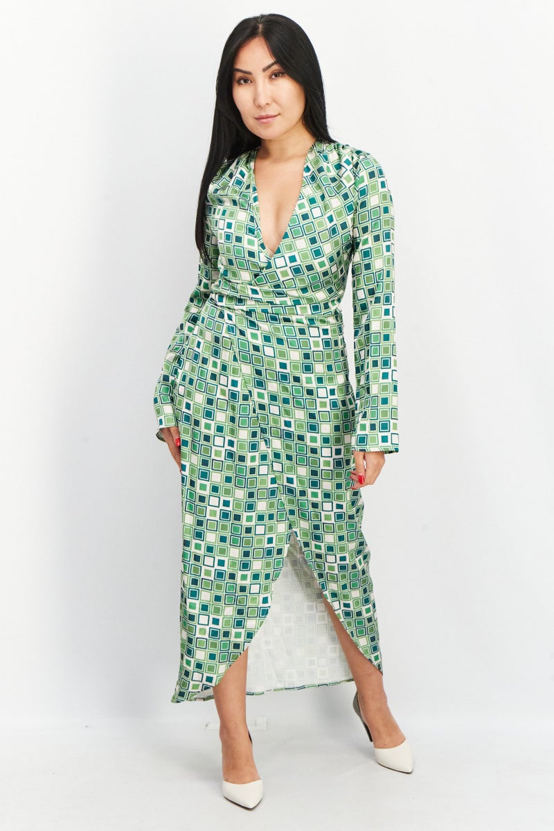 NA-KD Women Long Sleeve Allover Print Midi Dress, Multicolor - Image 1