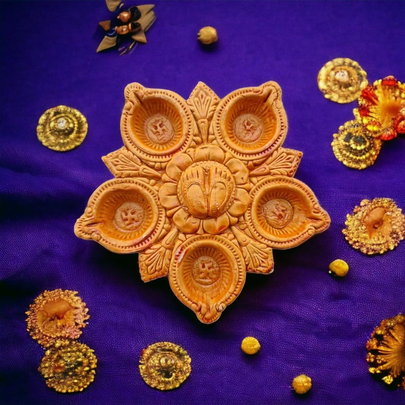 Saudeep India Handpainted Thali with 5 Diyas for Diwali Decoration Handmade Clay Mitti Diya Lanterns for Diwali Decoration Decoration Mitti Diya Handmade Colourful Diyas - Image 1
