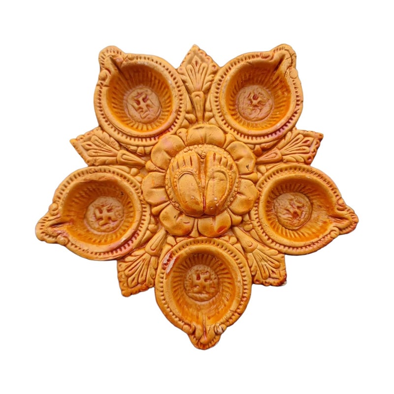 Saudeep India Handpainted Thali with 5 Diyas for Diwali Decoration Handmade Clay Mitti Diya Lanterns for Diwali Decoration Decoration Mitti Diya Handmade Colourful Diyas - Image 2