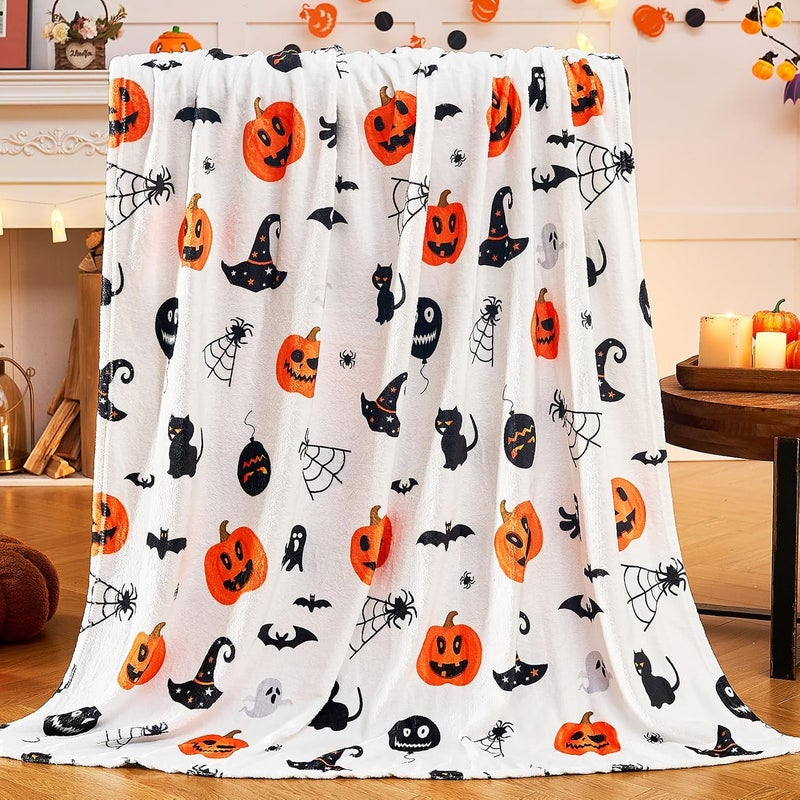 inhand Halloween Throw Blanket Pumpkin Blanket Decorated Spider Web Print on White Super Soft Plush Blanket for Couch Bed Sofa Chair and Cozy for All Seasons 50"X60" - Image 1