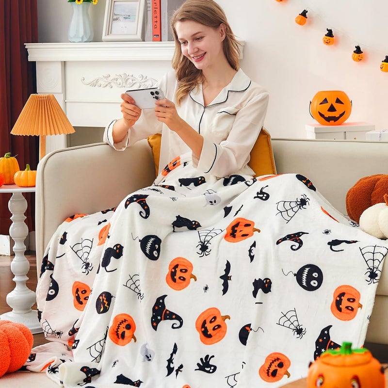 inhand Halloween Throw Blanket Pumpkin Blanket Decorated Spider Web Print on White Super Soft Plush Blanket for Couch Bed Sofa Chair and Cozy for All Seasons 50"X60" - Image 3