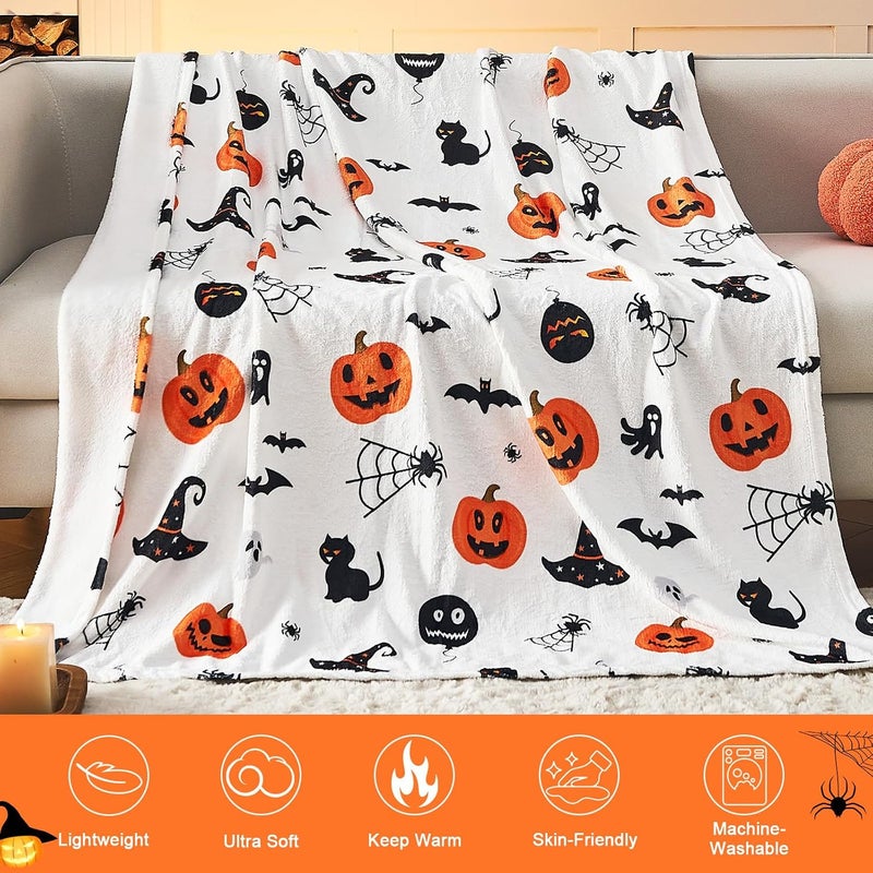 inhand Halloween Throw Blanket Pumpkin Blanket Decorated Spider Web Print on White Super Soft Plush Blanket for Couch Bed Sofa Chair and Cozy for All Seasons 50"X60" - Image 4