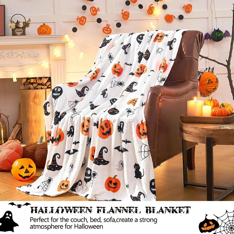 inhand Halloween Throw Blanket Pumpkin Blanket Decorated Spider Web Print on White Super Soft Plush Blanket for Couch Bed Sofa Chair and Cozy for All Seasons 50"X60" - Image 2