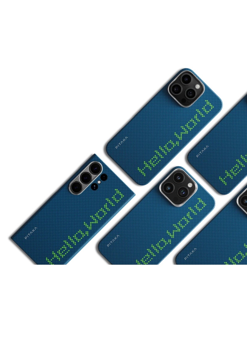 PITAKA - pitaka for Case Galaxy S24 Ultra Compatible with MagSafe, Thin & Light Case Galaxy S24 Ultra with a Caseless Feel, Glow in The Dark, 1500D Aramid Fiber Woven Luminous Tactile Woven Case - Hello,World - Image 1