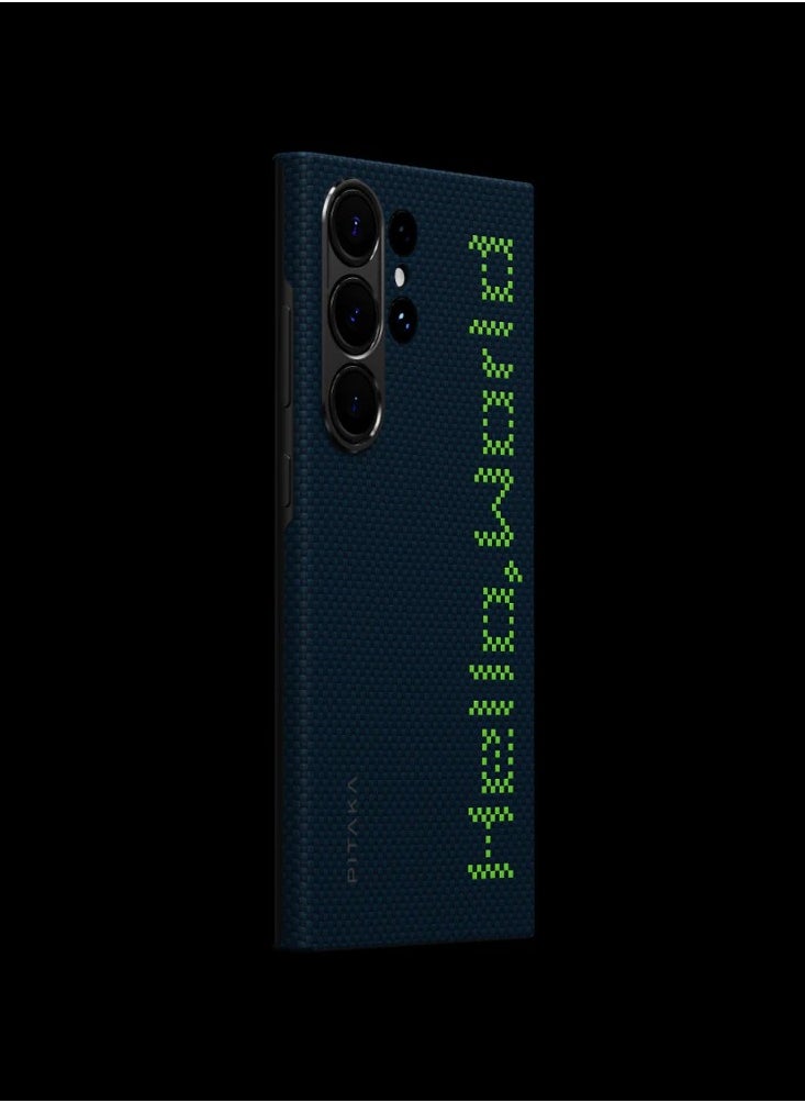 PITAKA - pitaka for Case Galaxy S24 Ultra Compatible with MagSafe, Thin & Light Case Galaxy S24 Ultra with a Caseless Feel, Glow in The Dark, 1500D Aramid Fiber Woven Luminous Tactile Woven Case - Hello,World - Image 1
