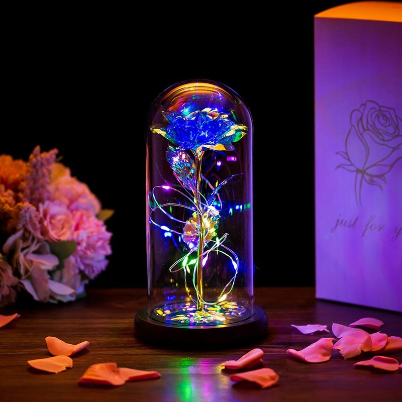 Beauty and the Beast Rose in Glass Dome Forever Rose Flower Kit Enchanted Galaxy Light Gifts for Women Girls Adults Mums on Valentine Mothers Day Wedding Anniversary Birthday Blue