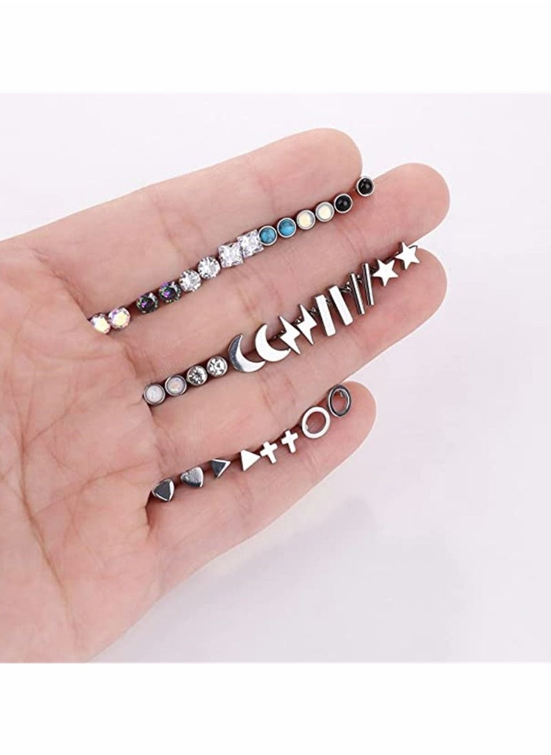 SYOSI - 18 Pairs Stainless Steel Stud Earrings Set for Women Men Star Moon flower Heart Leaf Opal 20G Cartilage Earrings Hypoallergenic Flatback Earrings Piercing Jewelry - Image 1