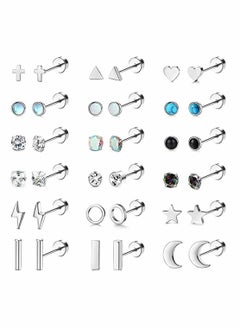 18 Pairs Stainless Steel Stud Earrings Set for Women Men Star Moon flower Heart Leaf Opal 20G Cartilage Earrings Hypoallergenic Flatback Earrings Piercing Jewelry