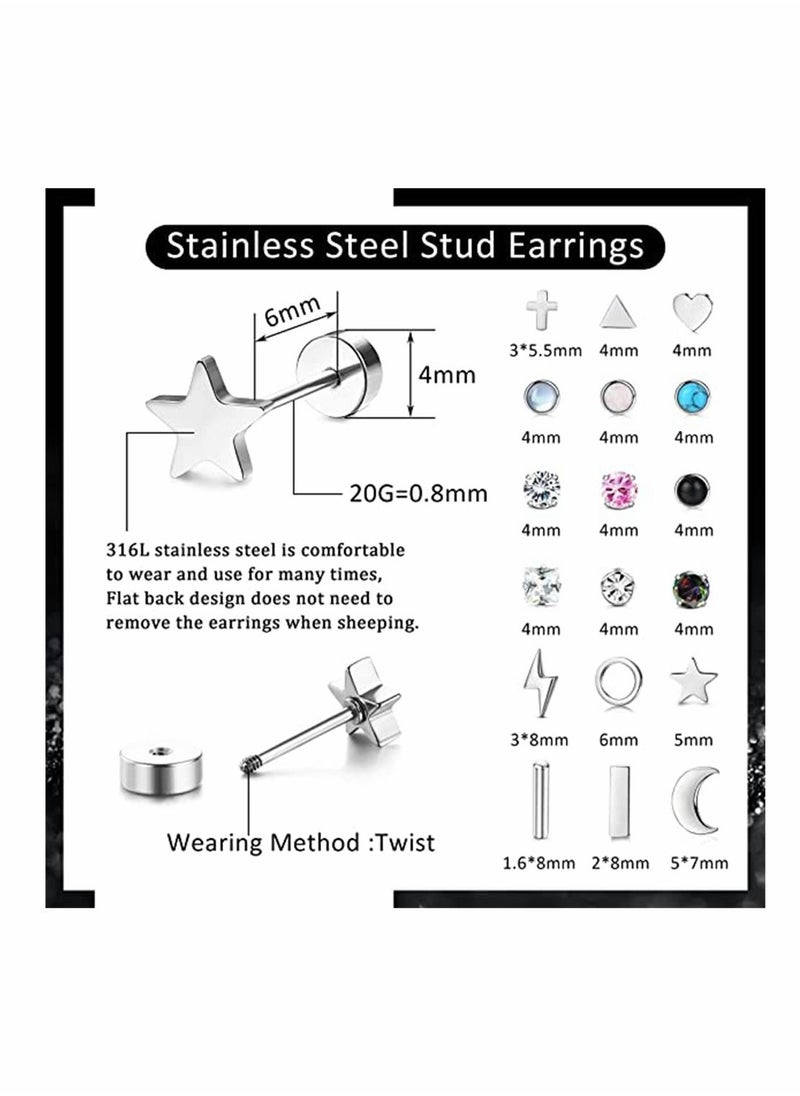 SYOSI - 18 Pairs Stainless Steel Stud Earrings Set for Women Men Star Moon flower Heart Leaf Opal 20G Cartilage Earrings Hypoallergenic Flatback Earrings Piercing Jewelry - Image 1