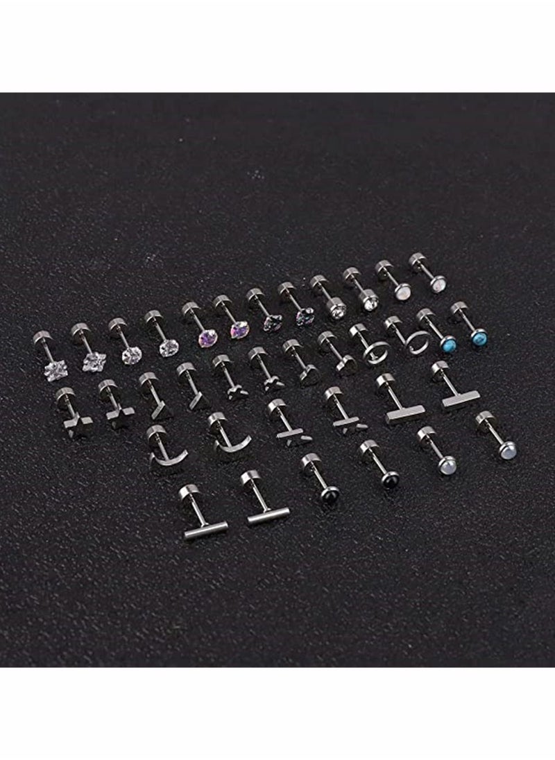 SYOSI - 18 Pairs Stainless Steel Stud Earrings Set for Women Men Star Moon flower Heart Leaf Opal 20G Cartilage Earrings Hypoallergenic Flatback Earrings Piercing Jewelry - Image 1