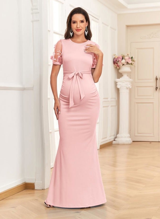 AISWI Maternity Mermaid Maxi Dress Elegant 3D Floral Mesh Sleeve Ribbed Knit Gown with Belt for Baby Shower Photoshoot, Blush Pink, XL - Image 5