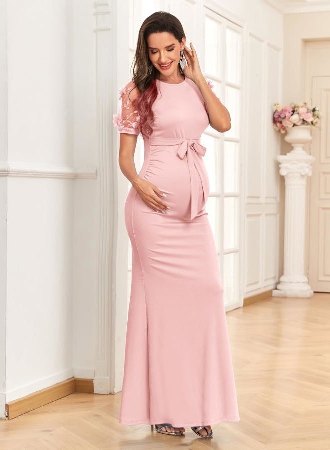 AISWI Maternity Mermaid Maxi Dress Elegant 3D Floral Mesh Sleeve Ribbed Knit Gown with Belt for Baby Shower Photoshoot, Blush Pink, XL - Image 4