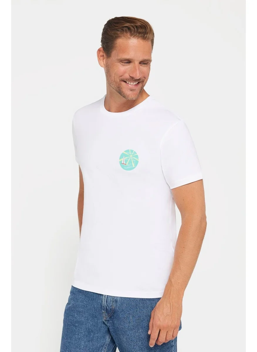 Tudors Men's Slim Fit Narrow Cut 100% Cotton Soft Textured Printed White Crew Neck T-Shirt
