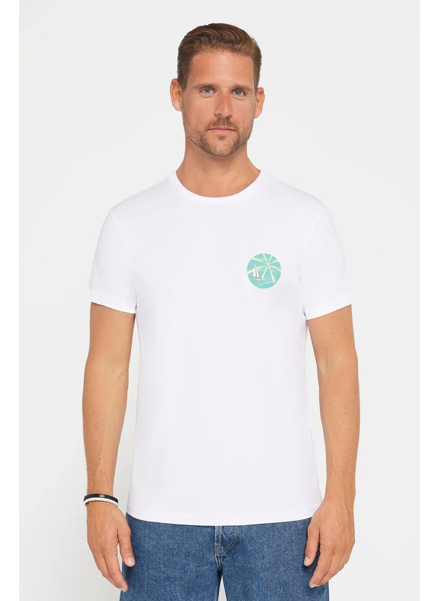 Tudors Men's Slim Fit Narrow Cut 100% Cotton Soft Textured Printed White Crew Neck T-Shirt