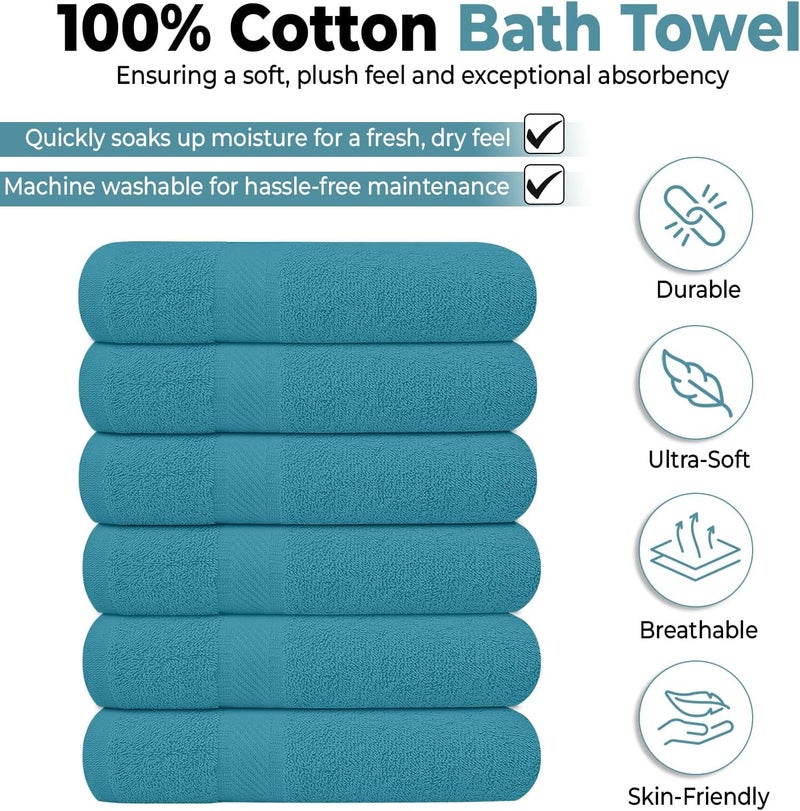 KAHAF COLLECTION Pack of 6 Bath Towels 27 x 54 Inches, 100% Cotton, Larger & Lighter Weight, Quicker to Dry, Super Soft and Absorbent, Perfect for Bathroom (Teal, Pack of 6 (27''x54'')) - Image 2