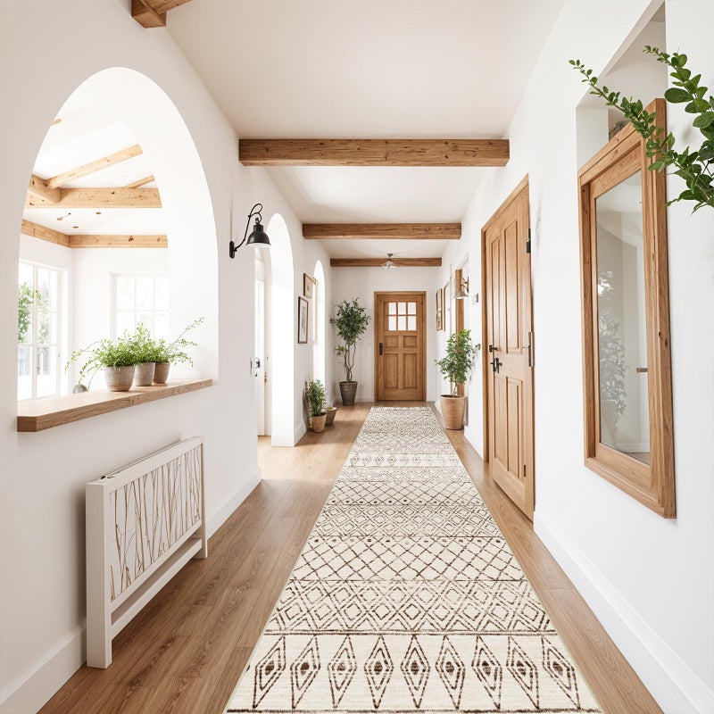 BYYVOO 2'6"x12' Hallway Runner Rug Moroccan - Machine Washable Runner Rugs Low Pile Rug with Rubber Backing Soft Long Floor Mat Non Slip Vintage Indoor Carpet for Bedroom Entryway 2'6"x12' Geo Beige - Image 1