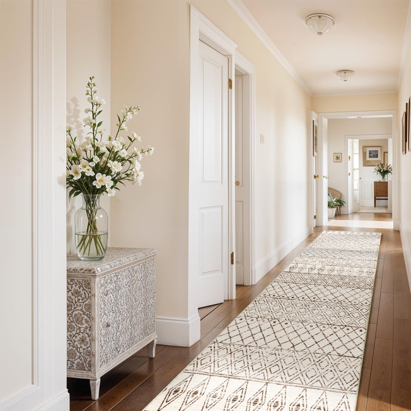 BYYVOO 2'6"x12' Hallway Runner Rug Moroccan - Machine Washable Runner Rugs Low Pile Rug with Rubber Backing Soft Long Floor Mat Non Slip Vintage Indoor Carpet for Bedroom Entryway 2'6"x12' Geo Beige - Image 2